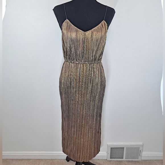 Plenty Tracy Reese Midi Metallic Pleated Shimmery Shiny Cinched Waist Dress - Picture 2 of 7